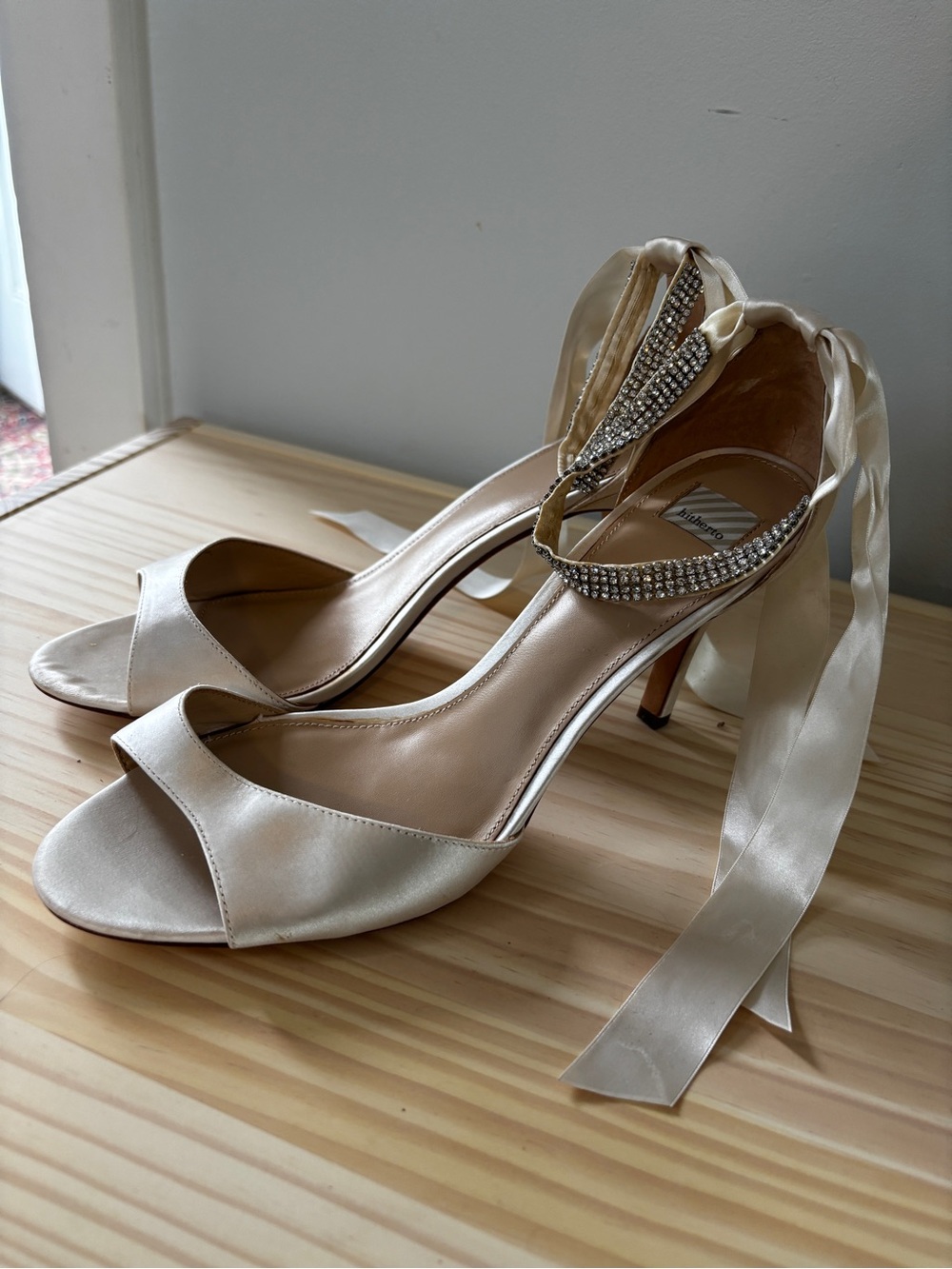 Hitherto Satin Open-Toe Heel with Crystal Ankle Tie - Ivory